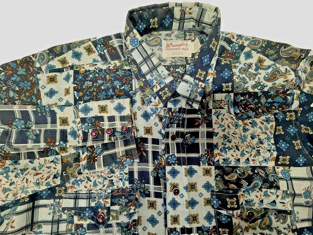Vtg WRANGLER Blue Print Pearl Snap Long Sleeve Cotton Poly Western Shirt 16.5-36